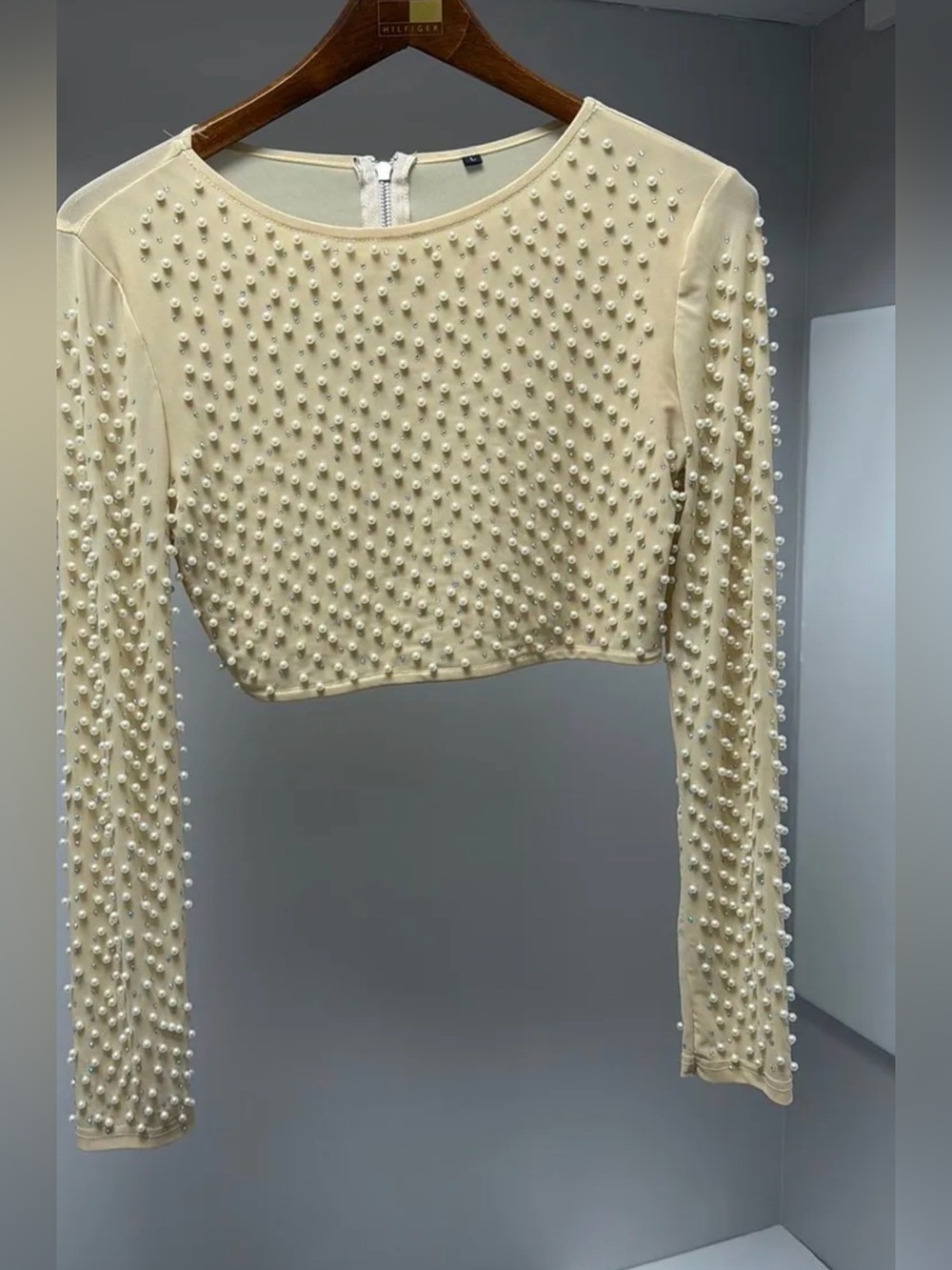 SHEIN Cream Pearl-Embellished Long-Sleeve Crop Top